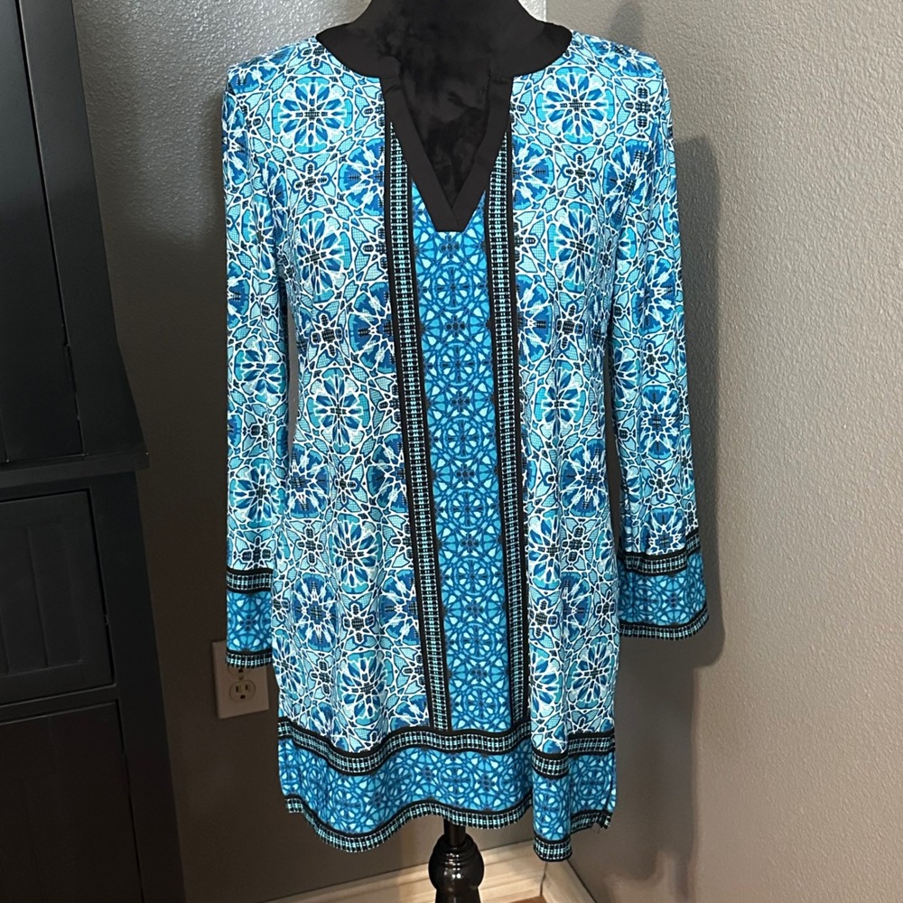 Maria Gabrielle Petite Tunic PL Top Blue Tile Print Boho Stretch‎ Blouse Artsy